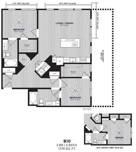 Floor plan for 2 beds, 2 baths, 1179 sqft